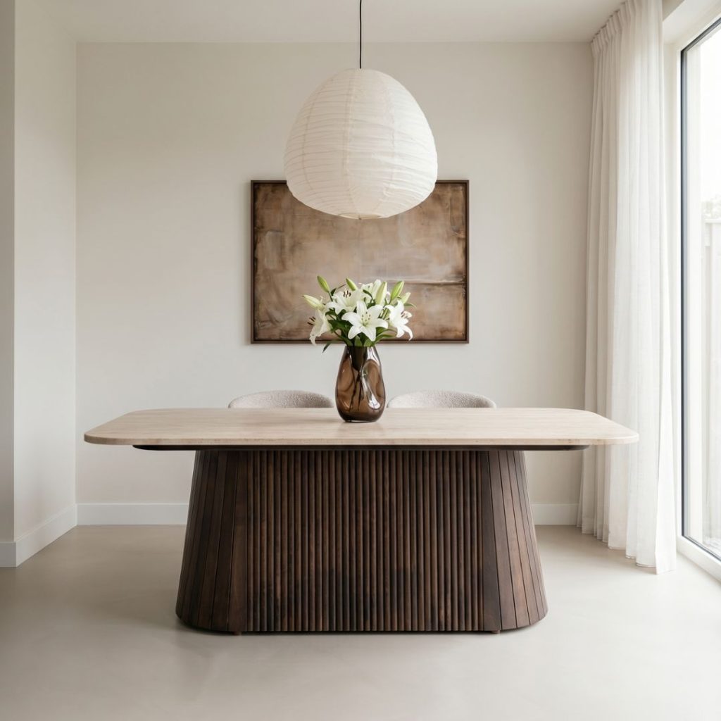Eettafel Japandi met een marmer blad en een espresso mangohouten poot, perfect voor ieder japandi interieur.