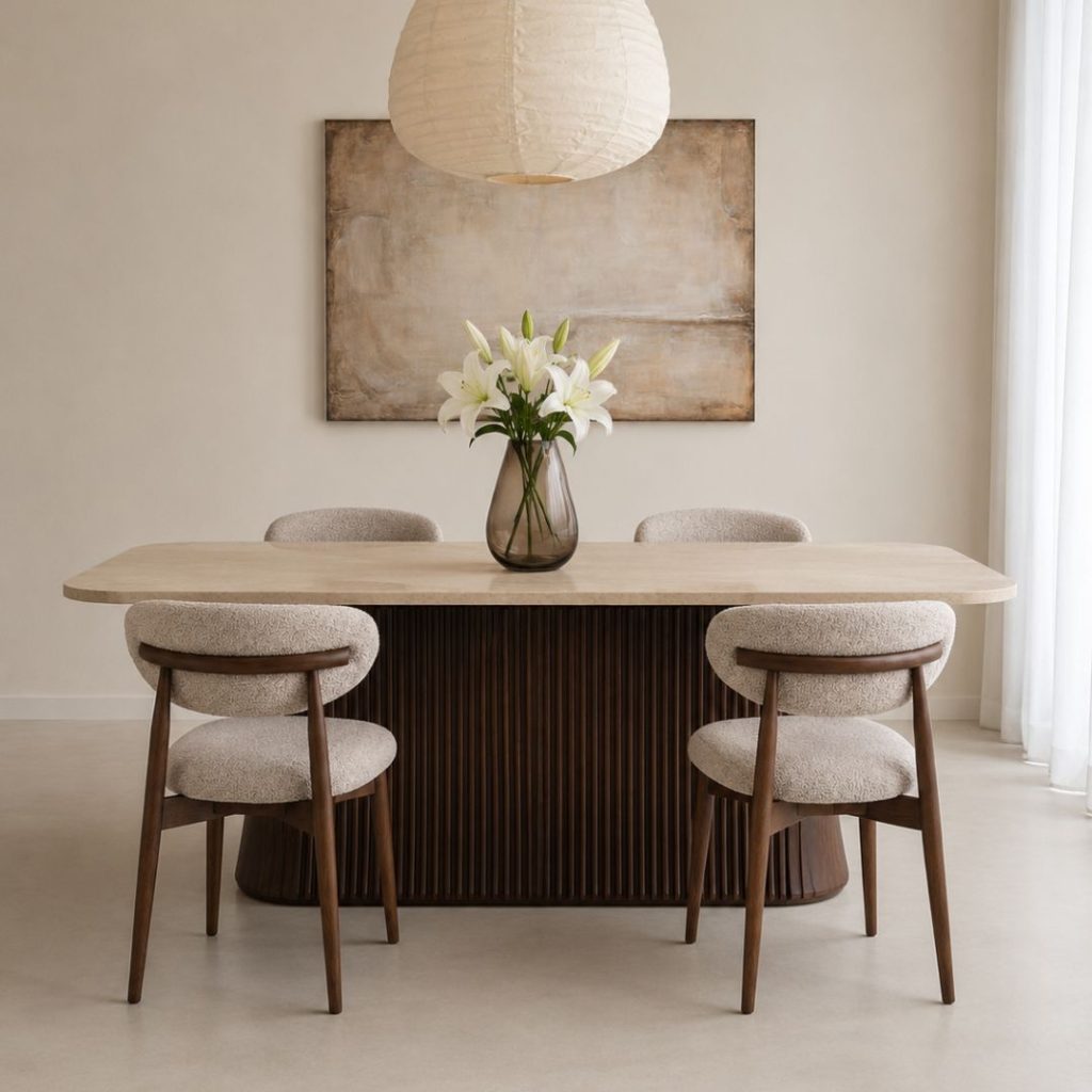 Eettafel Japandi met een marmer blad en een espresso mangohouten poot, perfect voor ieder japandi interieur.