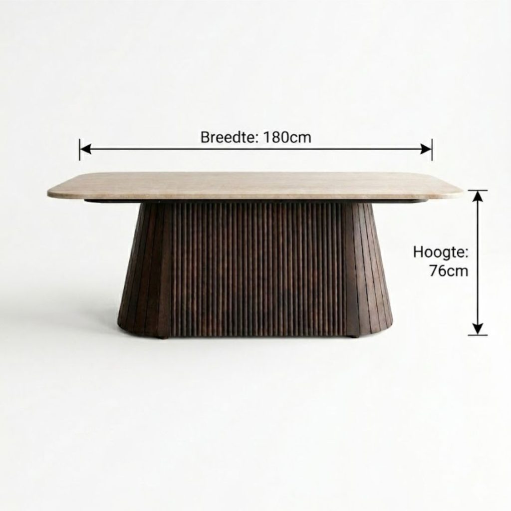 Afmetingen van Eettafel Japandi met een marmer blad en een espresso mangohouten poot