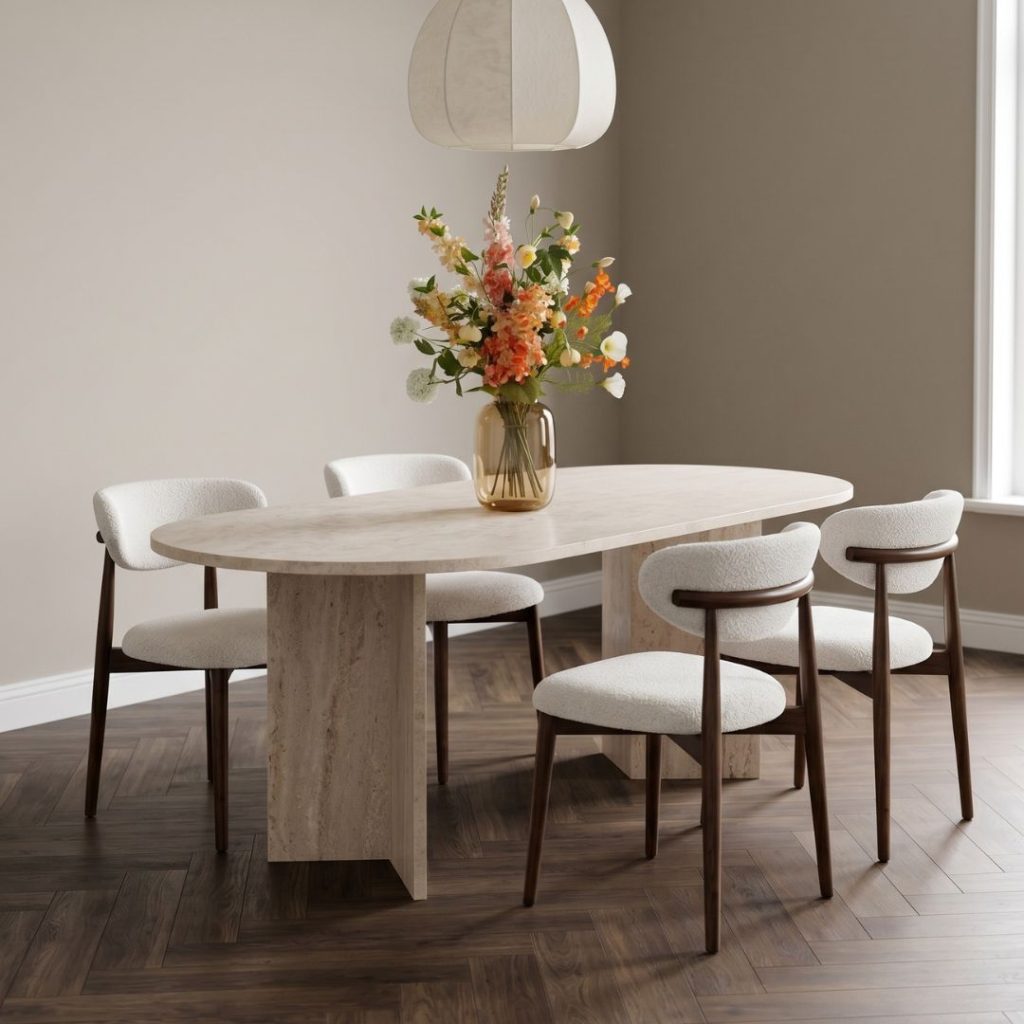 Eettafel Shiro gemaakt van keramiek met een travertine uitstraling, alleen bij huus voor de laagste prijs