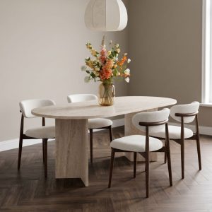 Eettafel Shiro gemaakt van keramiek met een travertine uitstraling, alleen bij huus voor de laagste prijs