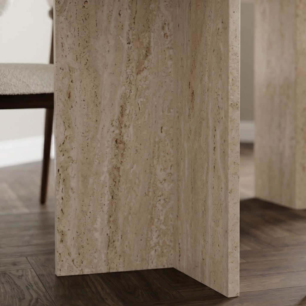 Detail foto tafelpoot eettafel Shiro met een travertine look