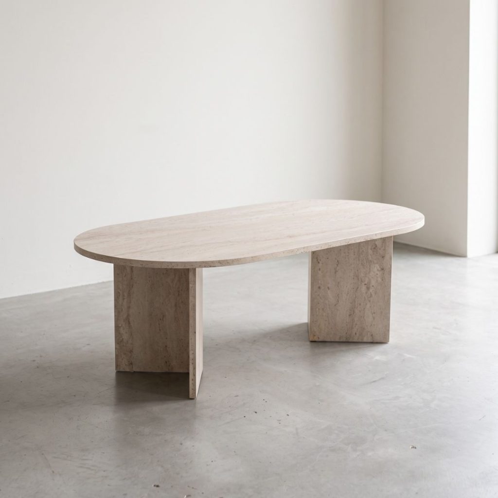 Salontafel met travertinlook melamine blad in Japandi woonstijl
