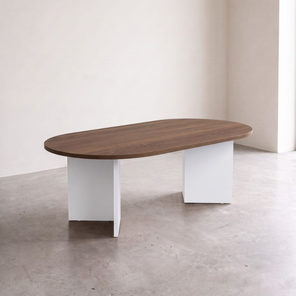 Salontafel met walnoot melamine onderstel en wit tafelblad