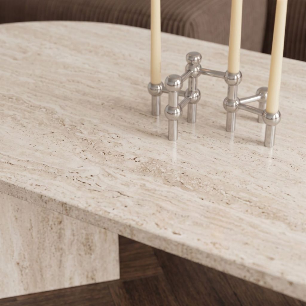 Detail van het travertinlook melamine tafelblad met verfijnde steenstructuur