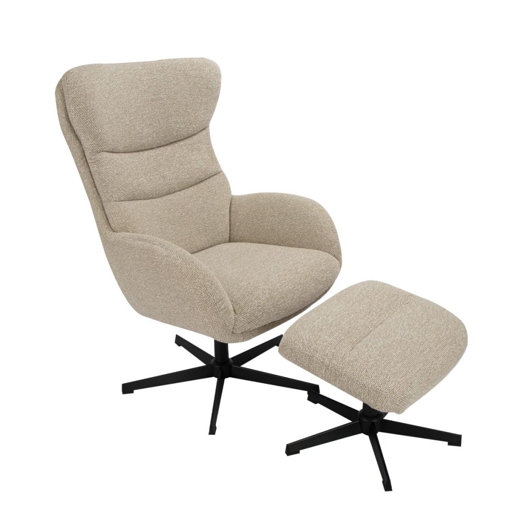 Draaifauteuil Malmo van LABEL51 in een naturel boucle stof en inclusief hocker!