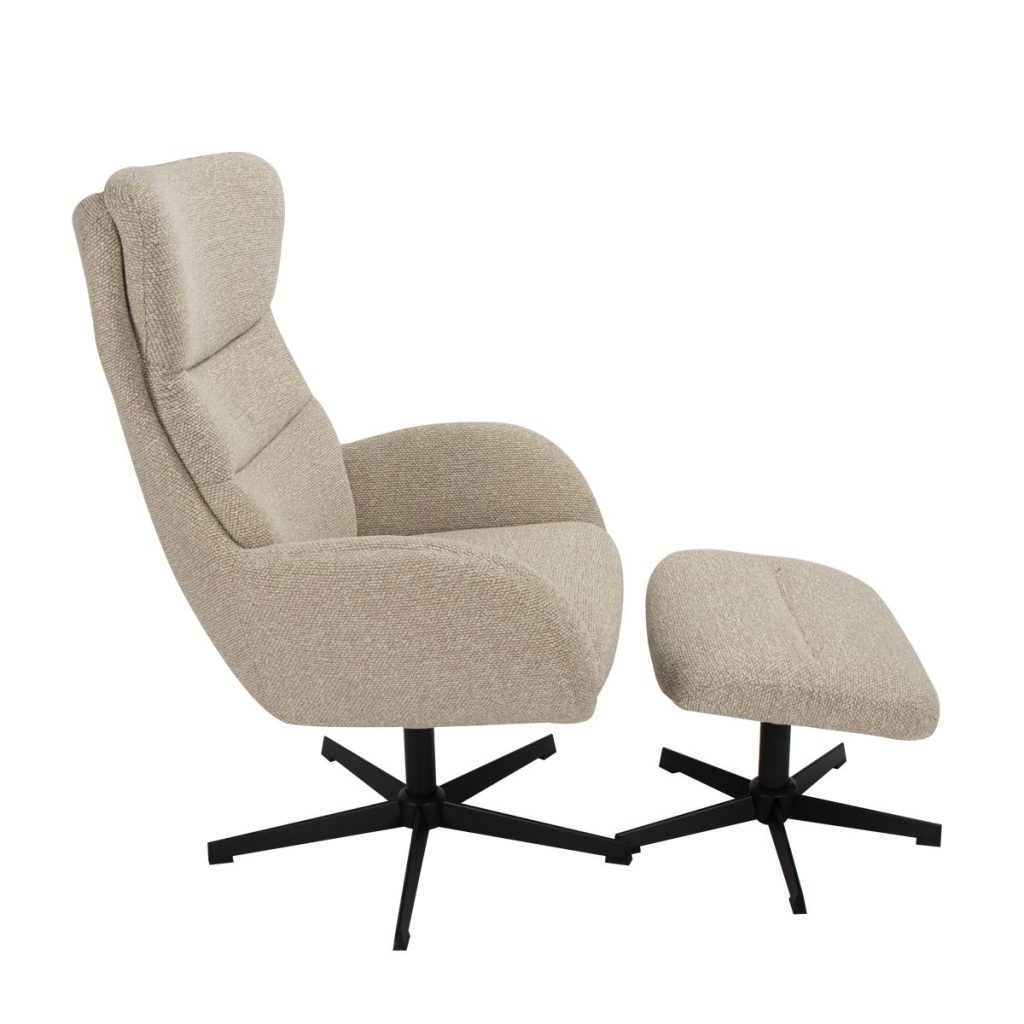 Draaifauteuil Malmo van LABEL51 in een naturel boucle stof en inclusief hocker!