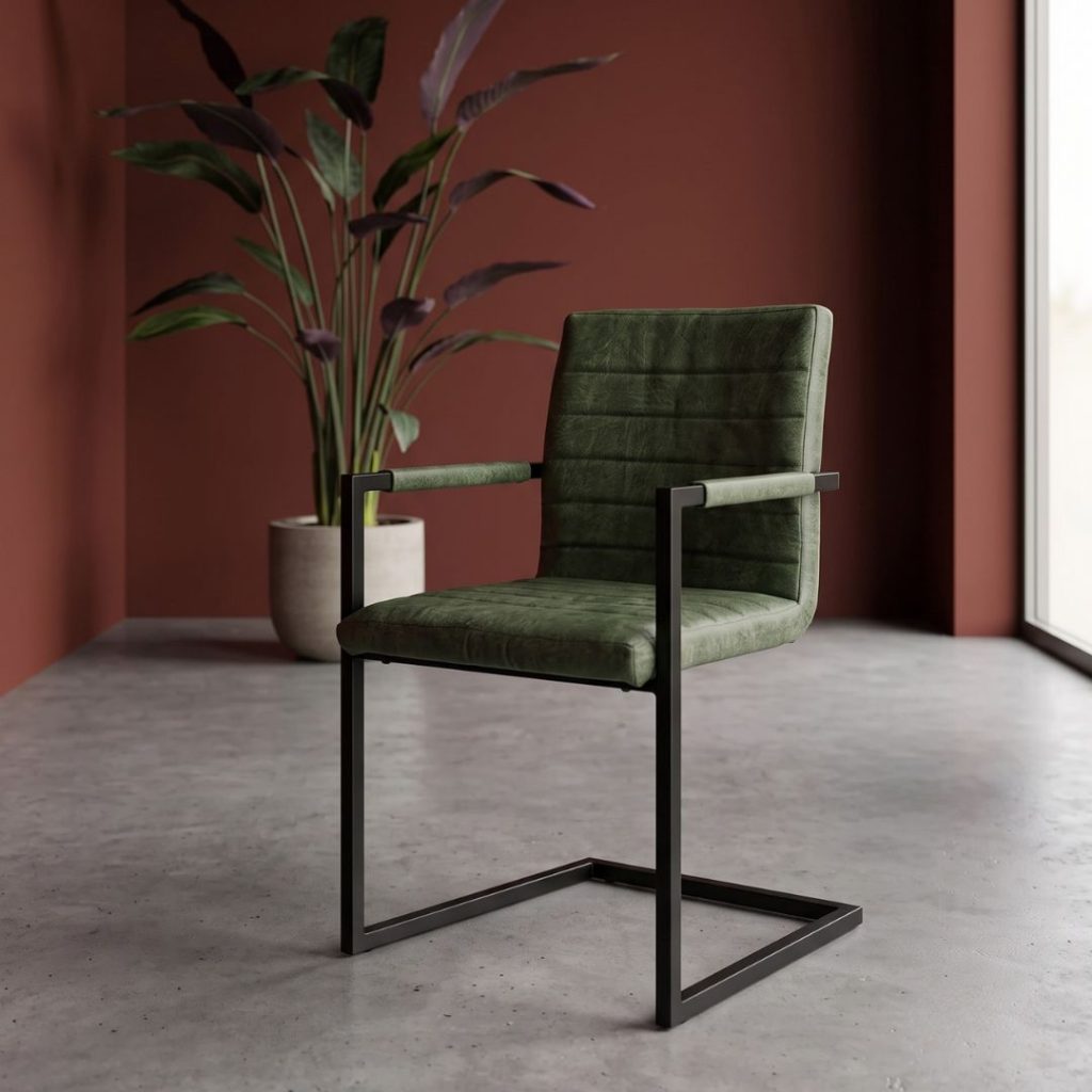 Combideal van eetkamerstoel Nine groen en eettafel Iris, betaalbare combinatie voor in een industrieel interieur.